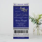 Invitation Billet Bleu Silver Sweet 16 Masquerade Party (Debout devant)