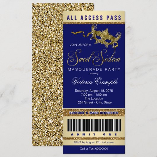 Invitation Billet Blue Gold Sweet 16 Masquerade Party (Devant / Derrière)