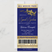 Invitation Billet Blue Gold Sweet 16 Masquerade Party (Devant)