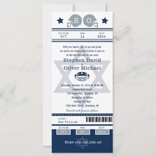 Invitation Billet Blue Silver Bar Mitzvah pour Twins Football (Devant)