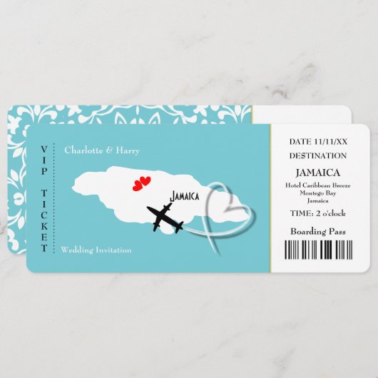 Invitation Billet Boarding Pass Mariage Destination Jamaïque  (Devant / Derrière)