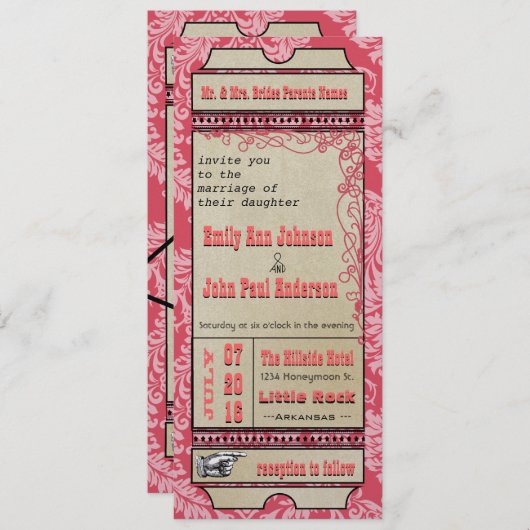 Invitation Billet Broadway Playbill Mariage Raspberry Pink (Devant / Derrière)