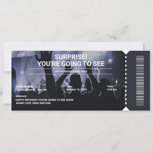 Invitation Billet cadeau de concert Black and White Surprise (Devant)
