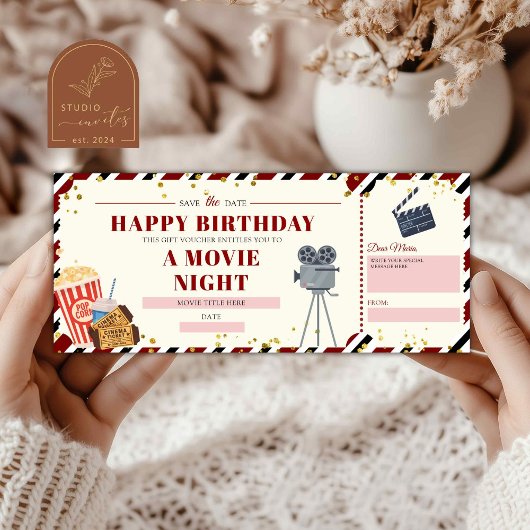 Invitation Billet cadeau de nuit pour cinéma d'anniversaire