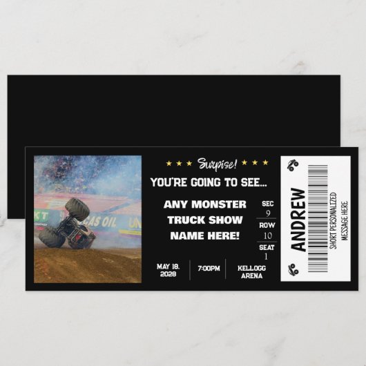 INVITATION BILLET CADEAU MONSTRE DE CAMION SURPRISE (Devant / Derrière)