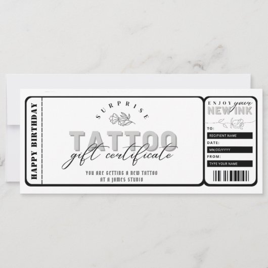 Invitation Billet cadeau pour tatouage personnalisé (Devant)