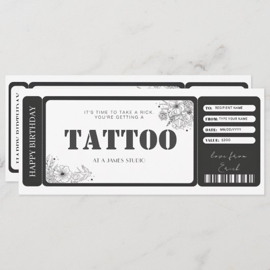 Invitation Billet cadeau pour un tatouage personnalisé (Devant / Derrière)