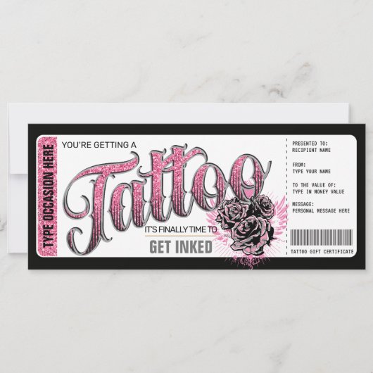 Invitation Billet cadeau Tattoo Get Inked rose (Devant)