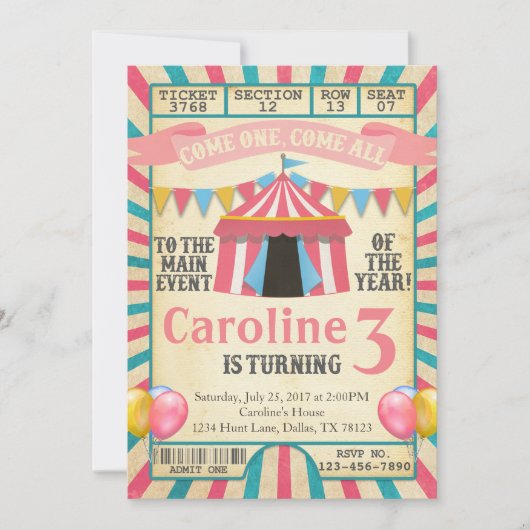 Invitation Billet Carnaval Circus Anniversaire Fête Invitatio (Devant)