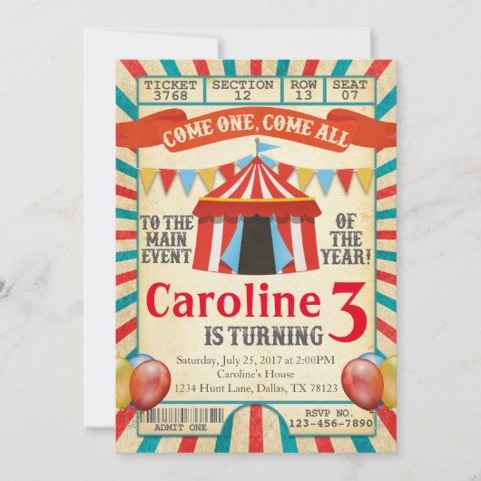 Invitation Billet Carnaval Circus Anniversaire Fête Invitatio (Devant)