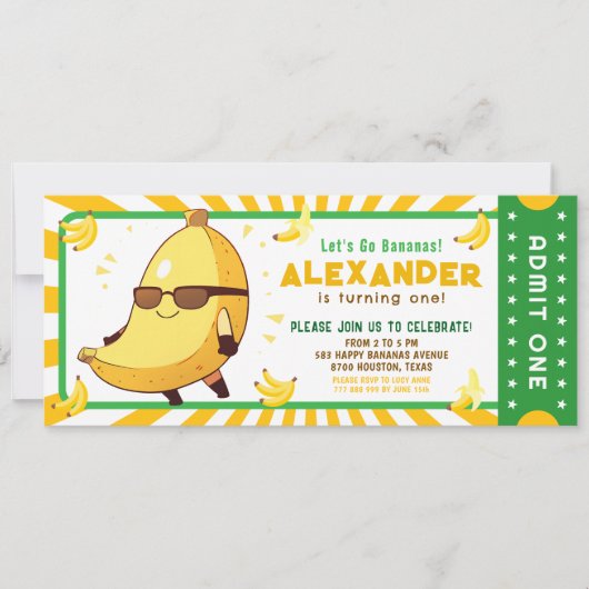 Invitation Billet d’anniversaire Fun Bananas Let’s Go (Devant)