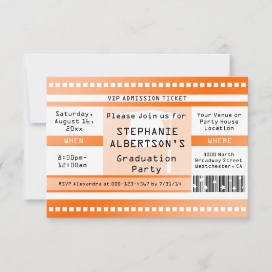 Invitation Billet d'admission Orange Graduation ou Party (Devant)