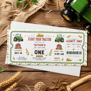 Invitation Billet d'anniversaire 1 an Ferme Tracteur Vert Rus