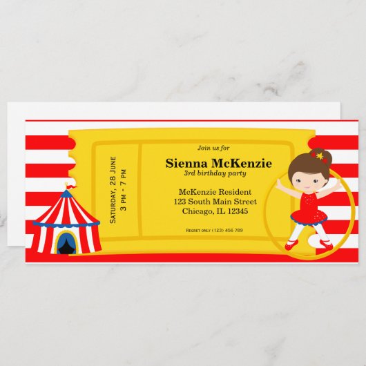 Invitation Billet d'anniversaire cirque (Devant / Derrière)