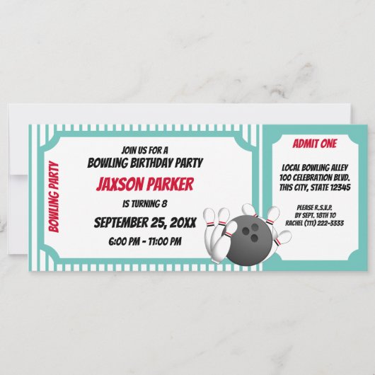 Invitation Billet d'anniversaire de Bowling Party (Devant)