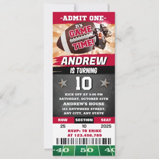 Invitation Billet d'anniversaire de rugby personnel pour garç (Devant)