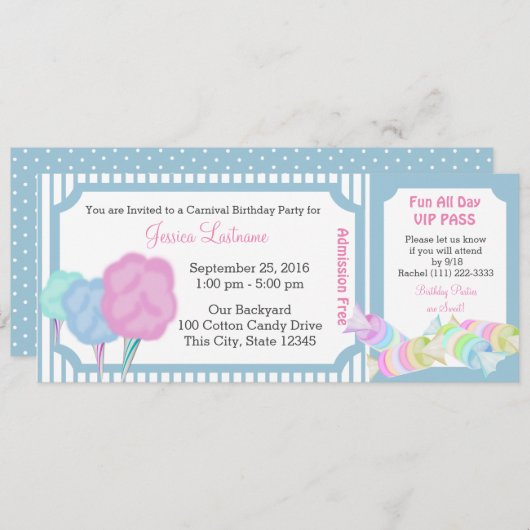 Invitation Billet d'anniversaire du carnaval de Sweet (Devant / Derrière)