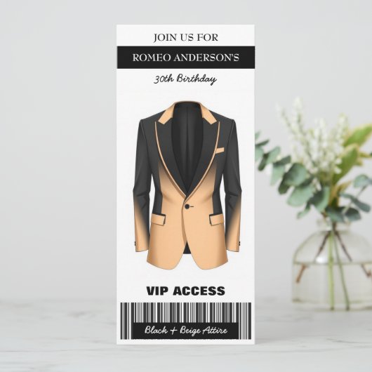 Invitation Billet d'anniversaire en beige noir Tuxedo Invitat (Debout devant)