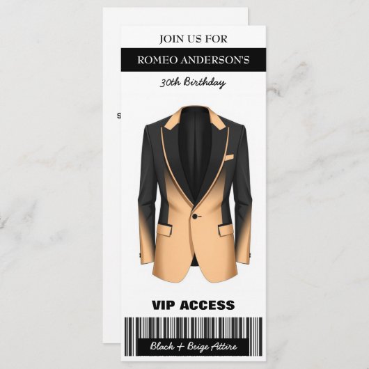 Invitation Billet d'anniversaire en beige noir Tuxedo Invitat (Devant / Derrière)