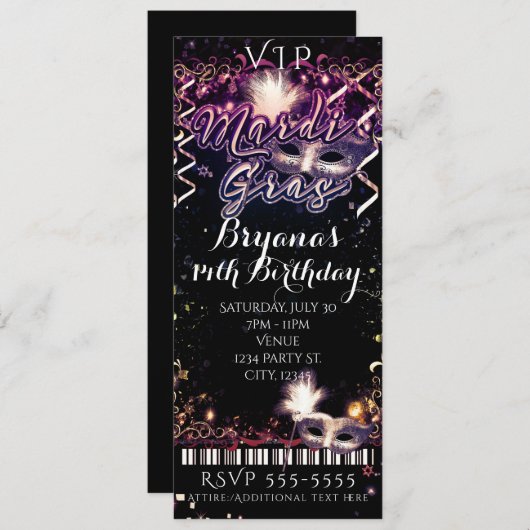 Invitation Billet d'anniversaire Mardi Gras Plum Gold VIP (Devant / Derrière)