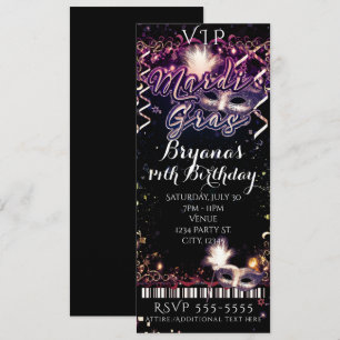Invitation Billet d'anniversaire Mardi Gras Plum Gold VIP
