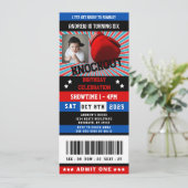 Invitation Billet d'anniversaire noir rouge Boxe bleue Photo (Debout devant)