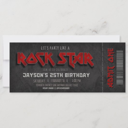 Invitation Billet d'anniversaire Rockstar (Devant)