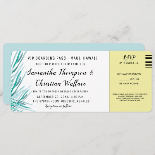 Invitation Billet d'avion Green Palm Destination Mariage RSVP (Devant / Derrière)