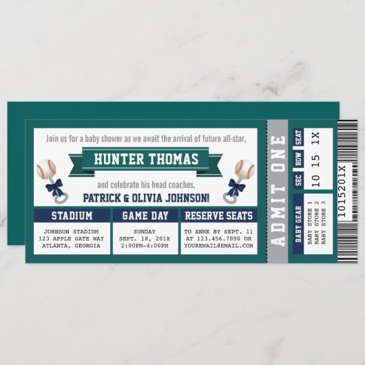 Invitation Billet de baseball Baby shower, Bleu, Vert (Devant / Derrière)