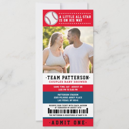 Invitation Billet de baseball bleu rouge Couples Baby shower  (Devant)