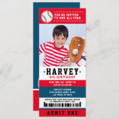 Invitation Billet de baseball bleu rouge Photo fête d'anniver (Devant / Derrière)