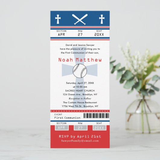 Invitation Billet de baseball Blue Red First Communion (Debout devant)