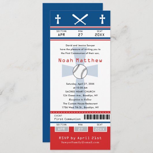 Invitation Billet de baseball Blue Red First Communion (Devant / Derrière)