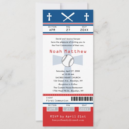 Invitation Billet de baseball Blue Red First Communion (Devant)