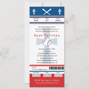 Invitation Billet de baseball Blue Red First Communion