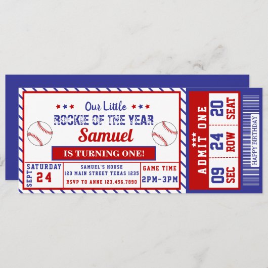 Invitation Billet de baseball de l'année de la première année (Devant / Derrière)