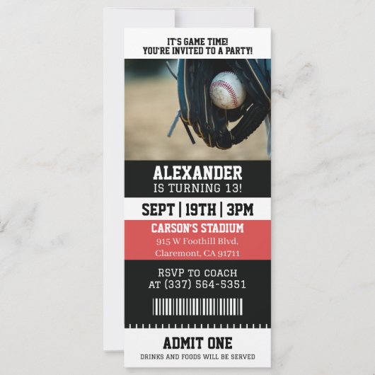 Invitation Billet de Baseball pour un Anniversaire (Devant)