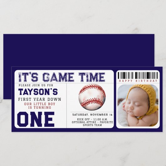 Invitation Billet de baseball première année bas 1er annivers (Devant / Derrière)