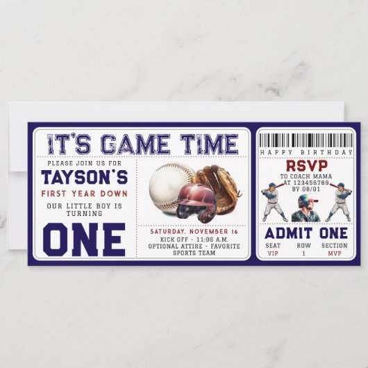 Invitation Billet de baseball première année bas 1er annivers (Devant)