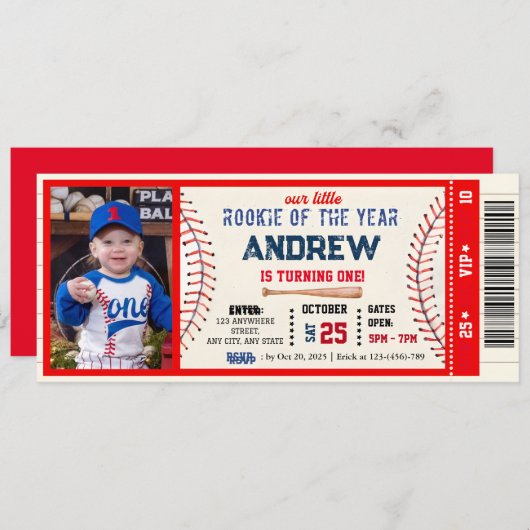 Invitation Billet de baseball rouge thème anniversaire Avec p (Devant / Derrière)