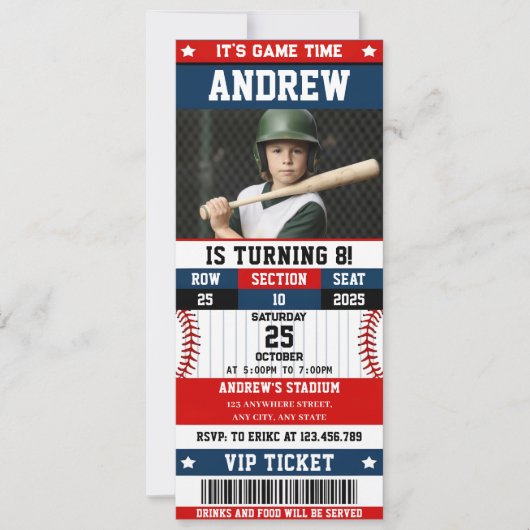 Invitation Billet de baseball Sport Anniversaire avec photo p (Devant)