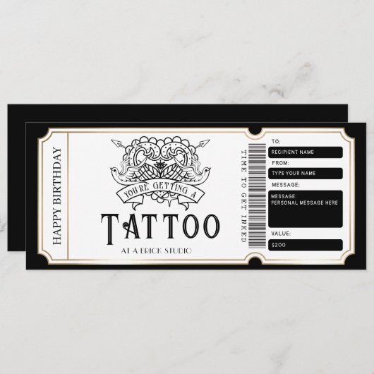 Invitation Billet de certificat-cadeau de tatouage personnali (Devant / Derrière)