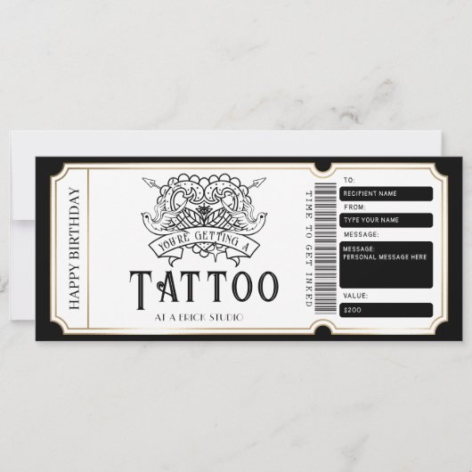 Invitation Billet de certificat-cadeau de tatouage personnali (Devant)