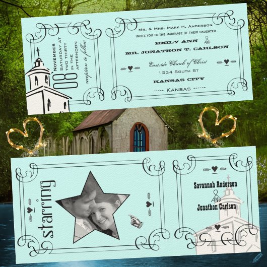 Invitation Billet de Chapelle Romantique Aqua pour Mariage