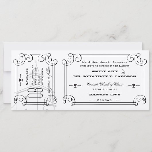 Invitation Billet de Chapelle Romantique Mariage (Devant)