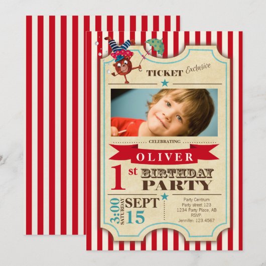 Invitation Billet de cirque 1er anniversaire | plus d'espace (Devant / Derrière)