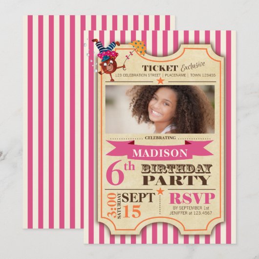 Invitation Billet de cirque | Fille d'anniversaire | Invitati (Devant / Derrière)