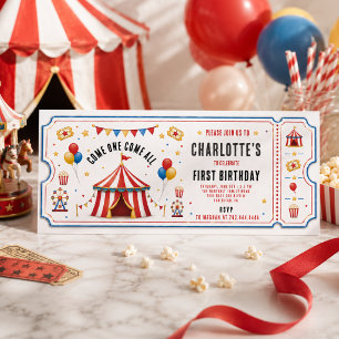 Invitation Billet de cirque rouge moderne pour 1er anniversai