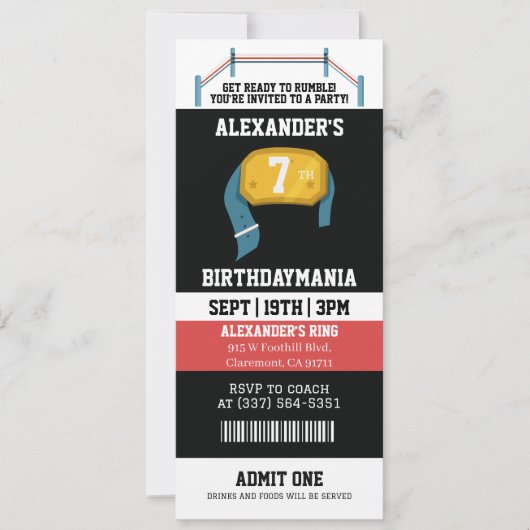 Invitation Billet de fête d'anniversaire de catch  (Devant)