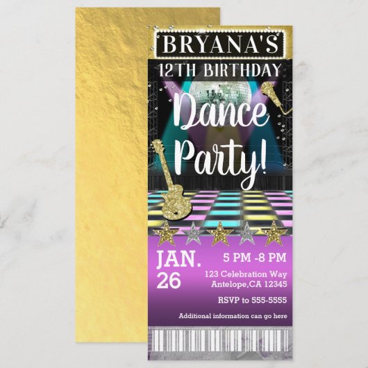 Invitation Billet de fête d'anniversaire piste de danse et bo (Devant / Derrière)